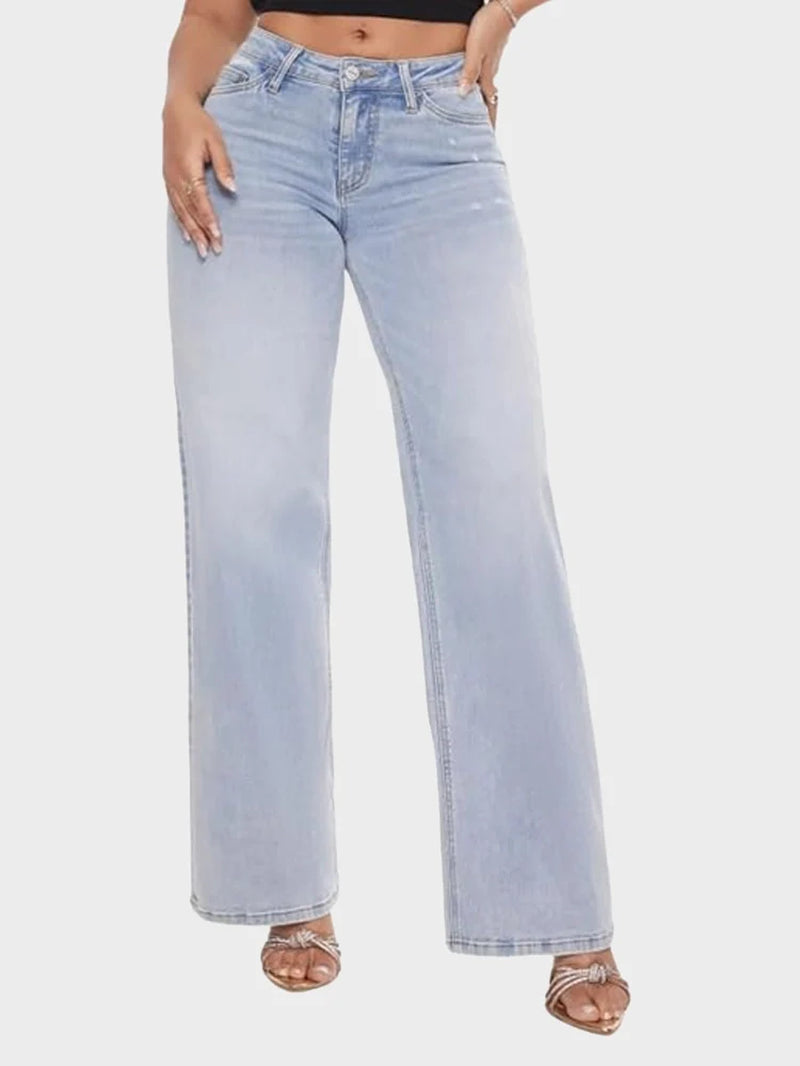 Mid Low Rise Baggy Stretchy Wide Leg Distressed Jeans